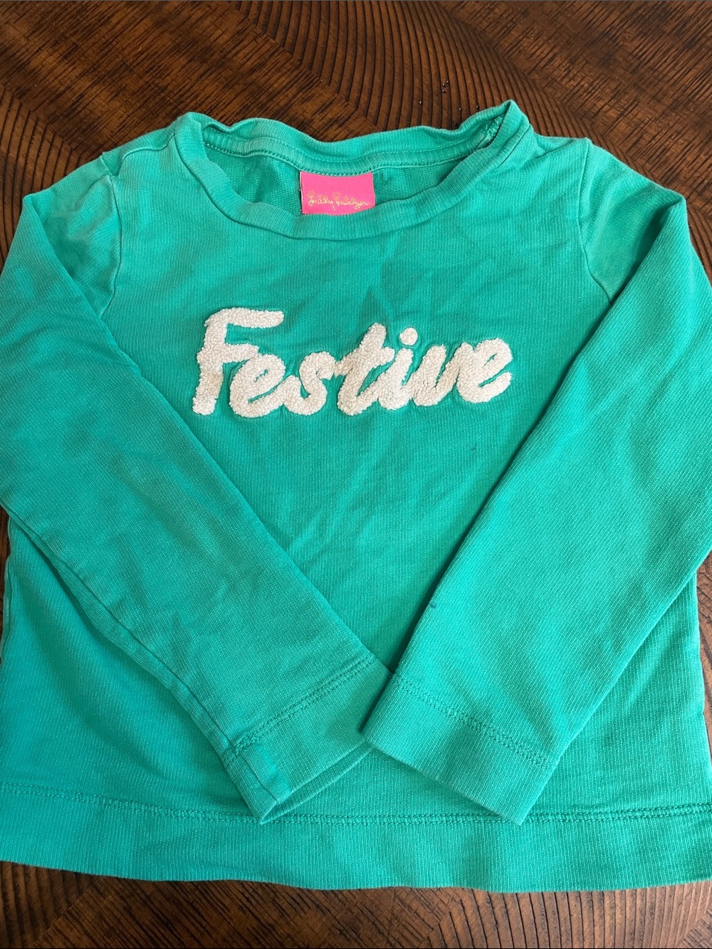 Lilly Pulitzer Teal Long-Sleeve Top with White 'Festive' Applique